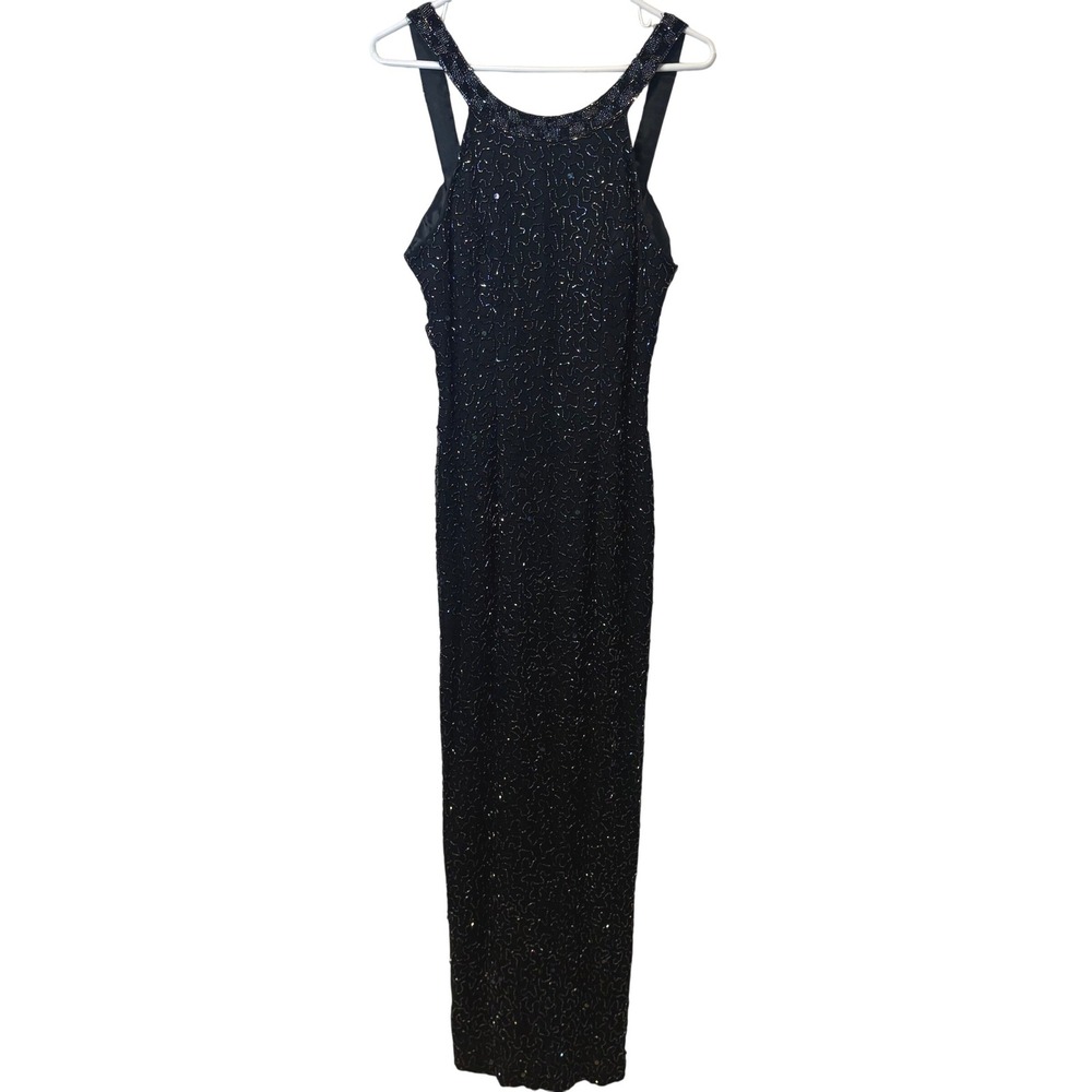 Vtg Andretta Donatello 90s Silk Fully Beaded Gown Black Iridescent Cage Back‎ M